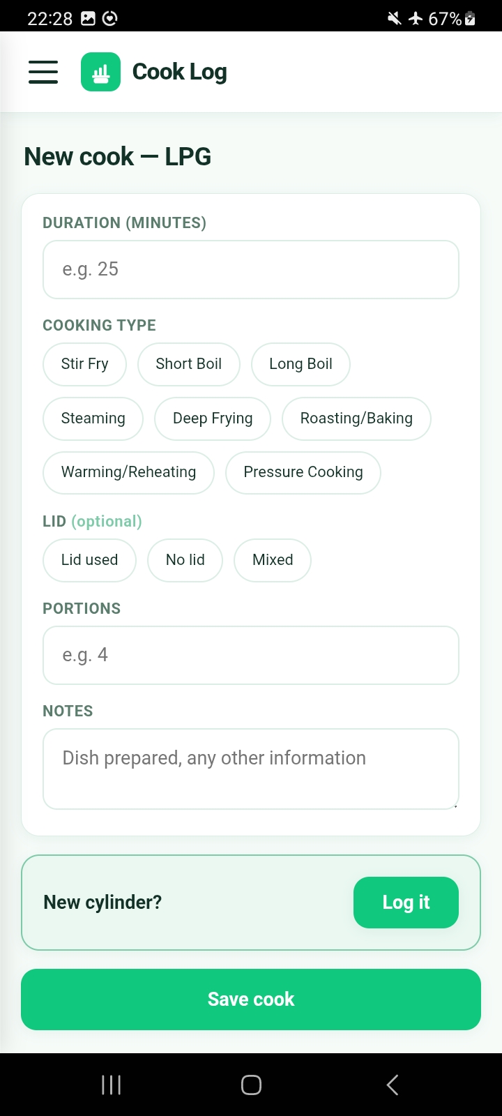 CookLog — logging a new LPG cook